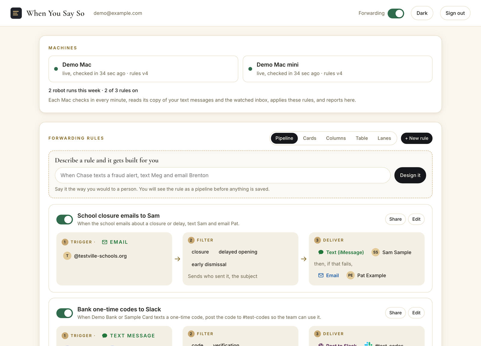The When You Say So console in the pipeline view: two demo machines checking in, a Describe a rule box, then robots drawn as Trigger, Filter, Deliver, with an Email input badge on the first and a Text message badge on the second