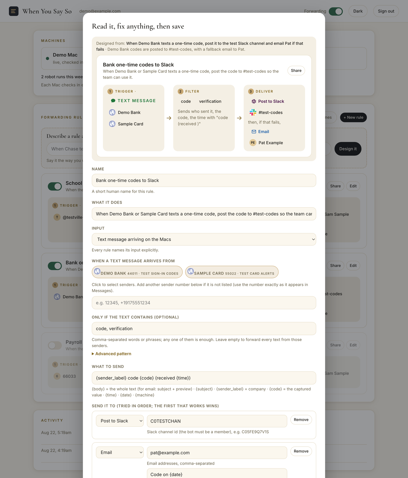 A designed rule opening in the editor: the sentence it came from, the pipeline preview (Trigger: text message from Demo Bank and Sample Card; Filter: code, verification; Deliver: post to Slack, then if that fails, email Pat), and the editable fields below